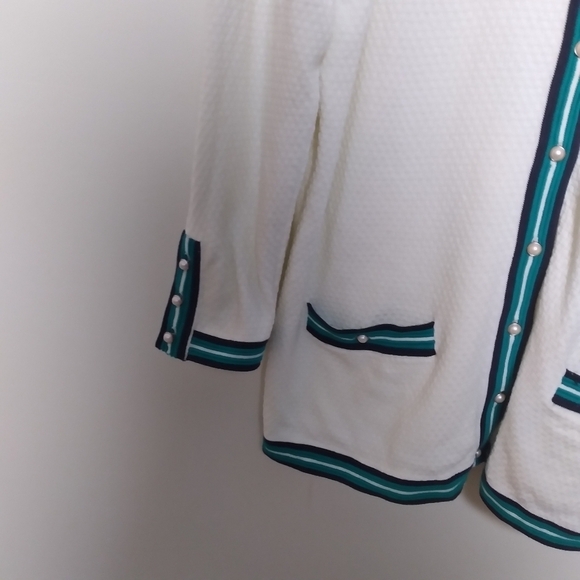 Talbots Striped Cream and Green Faux Pearl Button Up Cardigan Sweater Medium - Picture 3 of 8